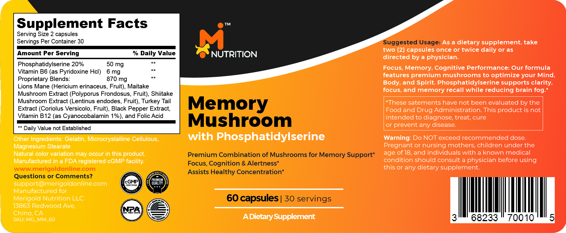 Mushroom supplement label